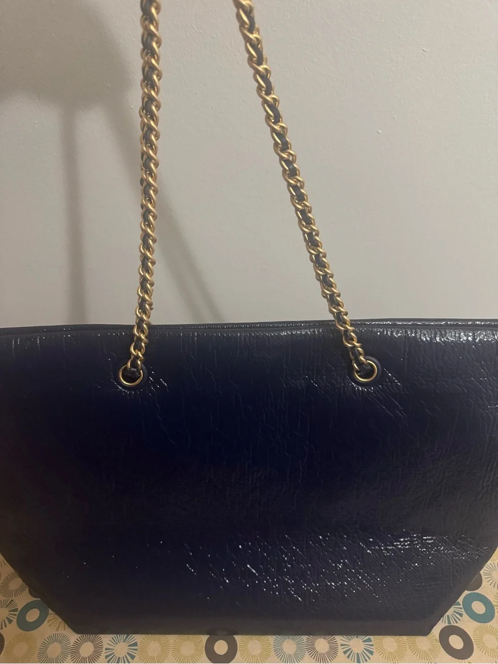 Tory Burch Navy Leather Chain-Handle Tote with Logo Medallion